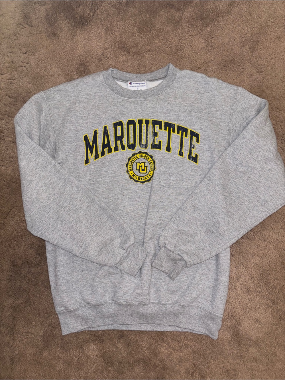 Champion Gray Marquette Crewneck Sweatshirt with Yellow & Black Lettering